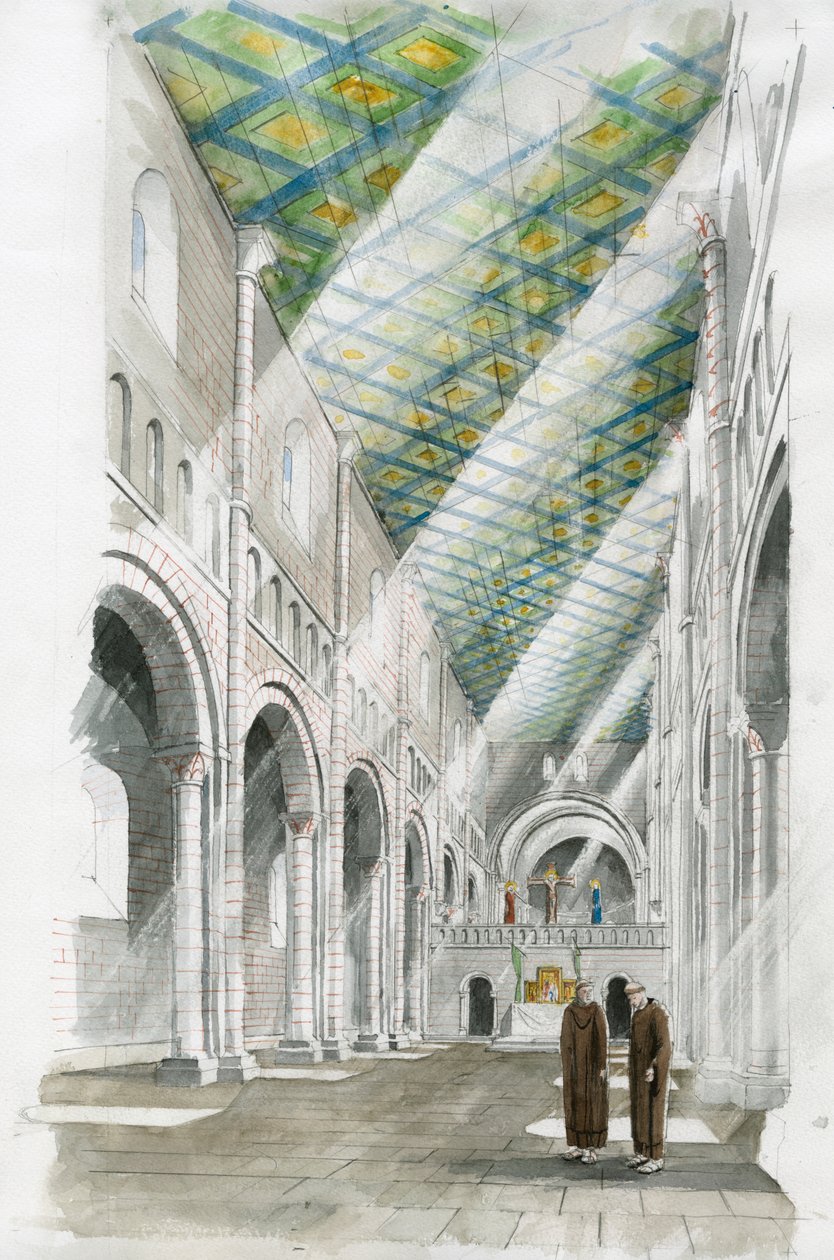 Reconstrucción del interior de la iglesia de Old Sarum (acuarela sobre papel) de Liam Wales