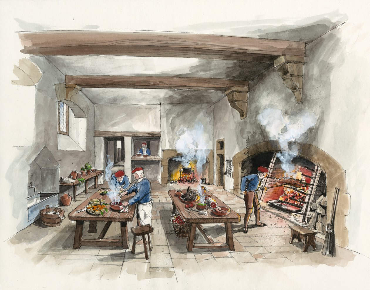 Reconstrucción de la cocina de Hardwick Old Hall en 1601 (acuarela sobre papel) de Liam Wales