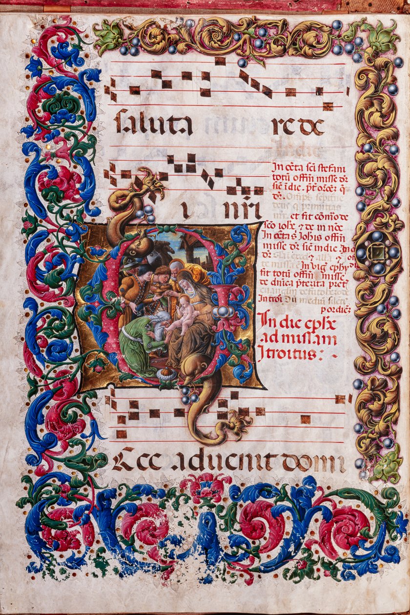 Biblioteca Piccolomini: libro de coro, cod. 19.4, ff. 9v con la "Adoración de los Reyes Magos", de Liberale da Verona (hacia 1445 - 1527/9). de Liberale da Verona