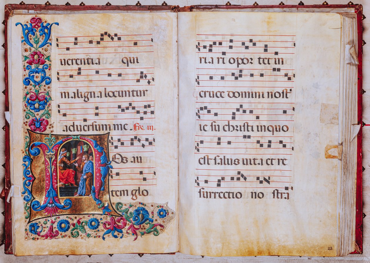 Biblioteca Piccolomini: libro de coro, cod. 22.7, ff. 22v-23r con "Cristo ante Pilatos", de Liberale da Verona (hacia 1445 - 1527/9). de Liberale da Verona