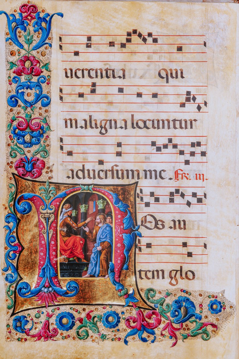 Biblioteca Piccolomini: libro de coro, cod. 22.7, ff. 22v con "Cristo ante Pilatos", de Liberale da Verona (hacia 1445 - 1527/9). de Liberale da Verona
