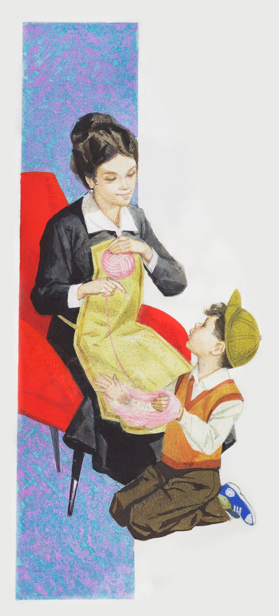 Niño ayudando a su madre a hacer una bola de lana, dibujo de Unbekannt Unbekannt