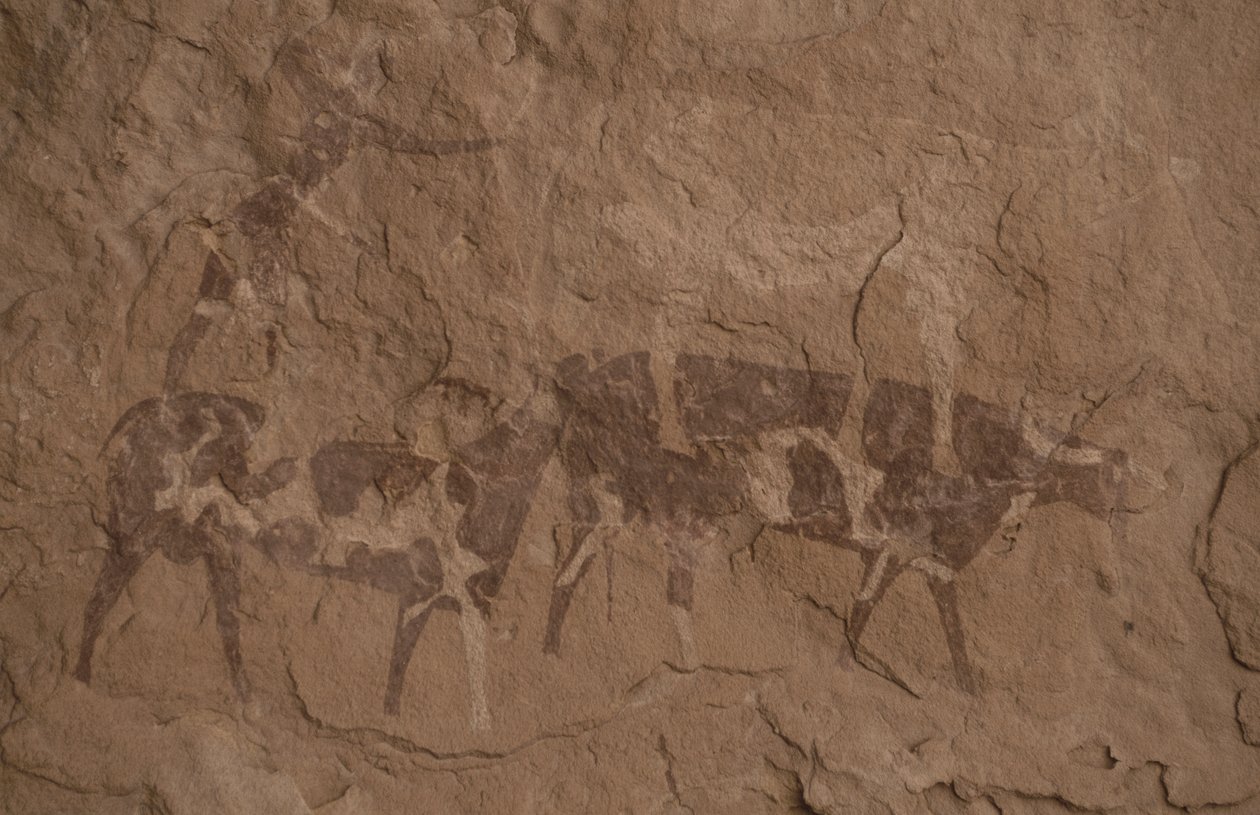 Ganado y figuras humanas, pintura rupestre, Oued en Djeran, Cerca de Djanet, Tassili n