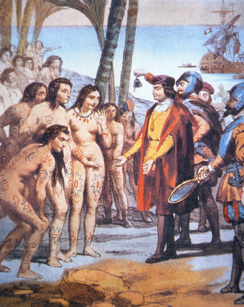 Cristóbal Colón desembarca en el Nuevo Mundo en 1492 y es recibido por los indios taínos de Unbekannt Unbekannt
