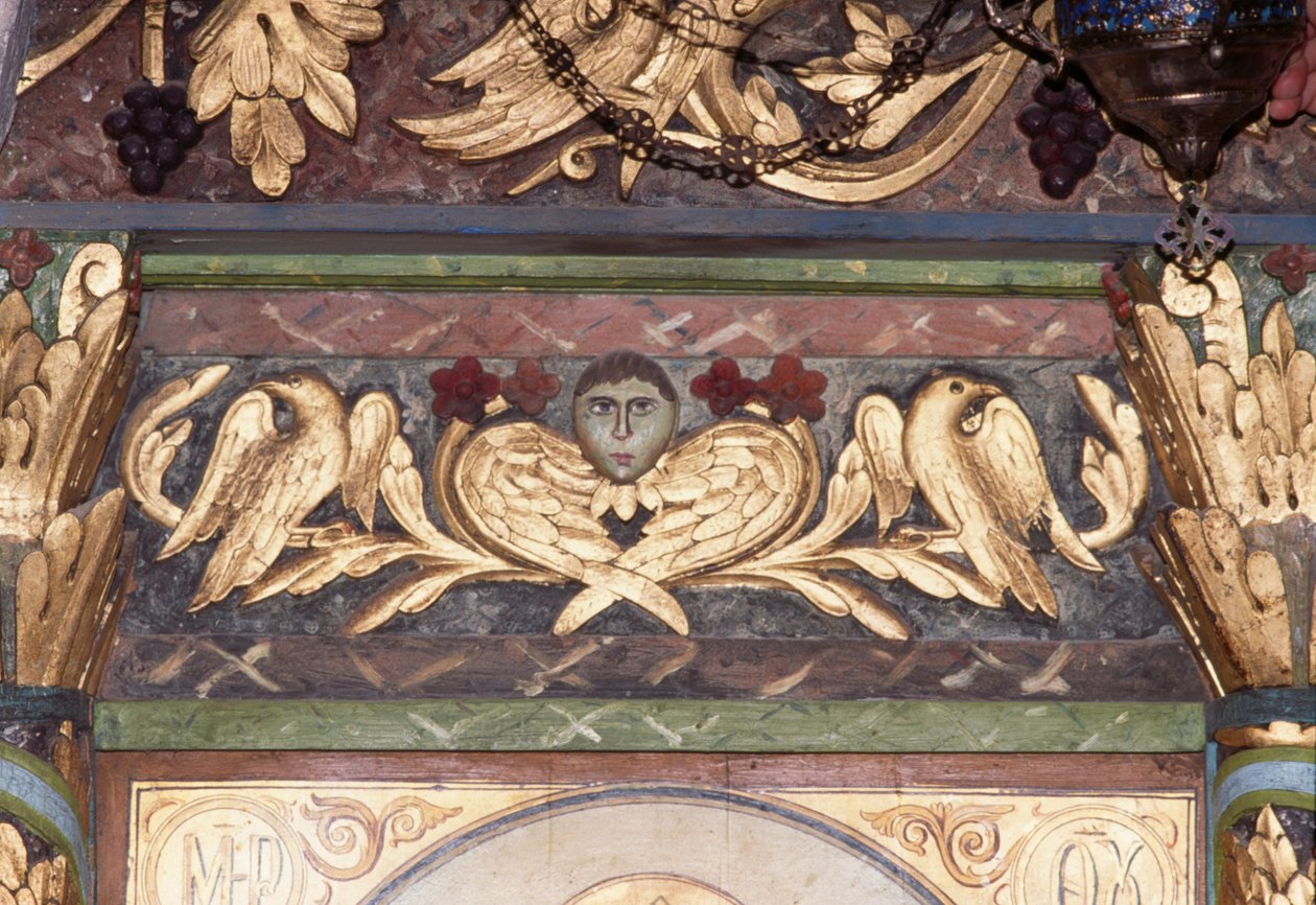 Decoración, (detalle) del iconostasio en la iglesia bizantina de San Jorge, Anidri, Creta, Grecia de Unbekannt Unbekannt