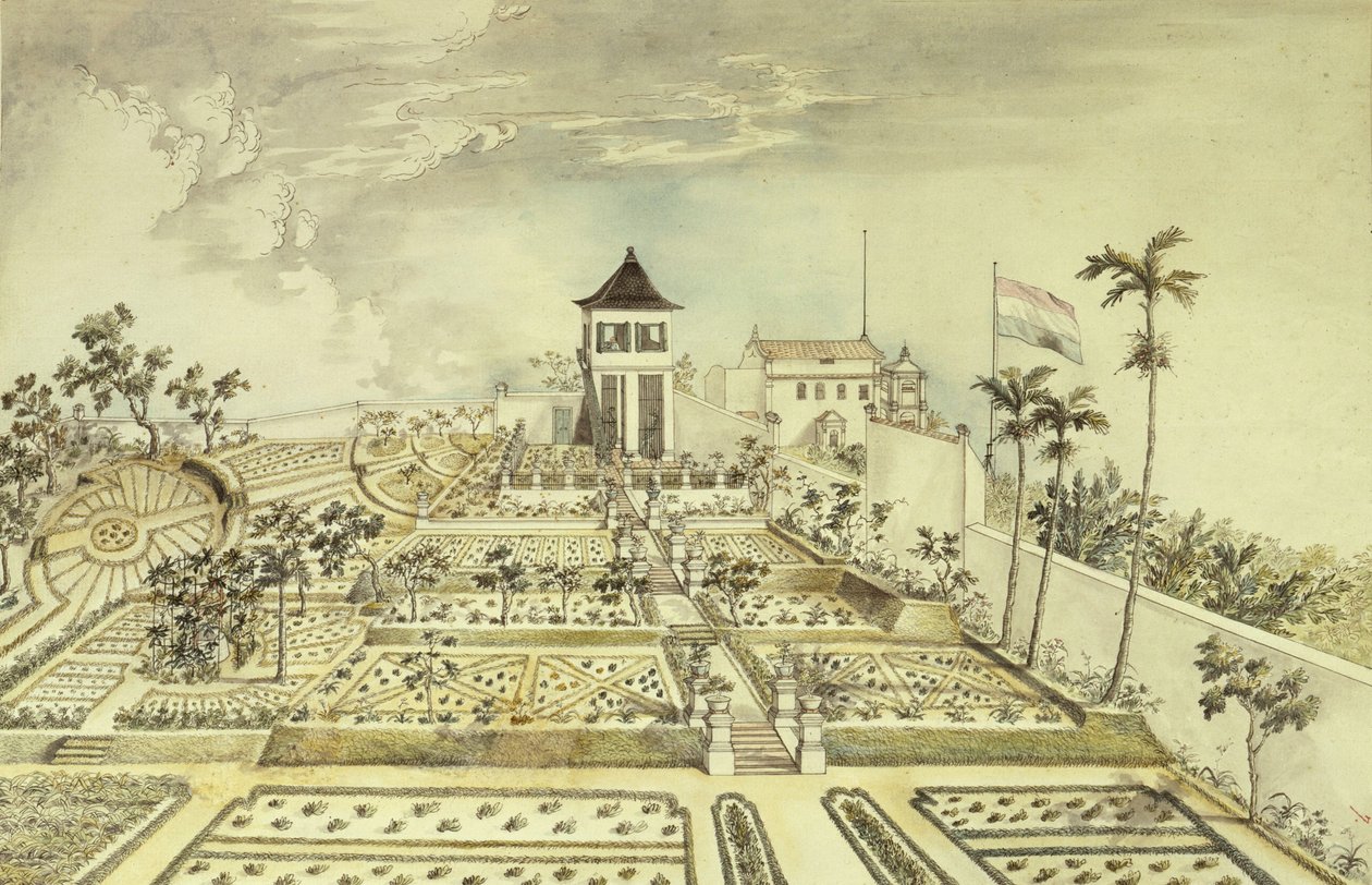 Casa holandesa con jardín cerrado en la isla de Java, Indonesia, grabado de Unbekannt Unbekannt
