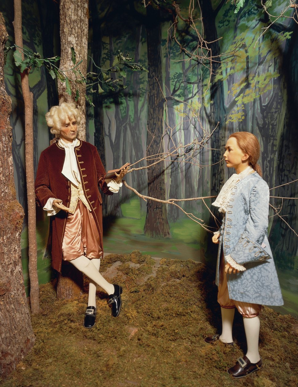 Francia, Castillo de Chenonceau, Valle del Loira, Jean Jacques Rousseau dando lección en los jardines de Chenonceau al hijo de Claude Dupin; Escribirá un tratado para la educación de Emilio, reproducción en Museo de Cera de Unbekannt Unbekannt