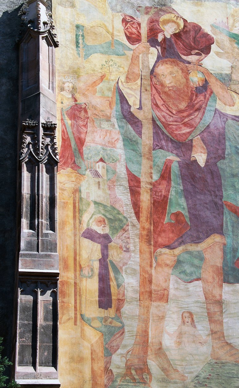 Fresco de San Cristóbal, fachada externa sur, Iglesia Parroquial de San Nicolás, Merano, Bolzano, Trentino-Alto Adige, Italia de Unbekannt Unbekannt