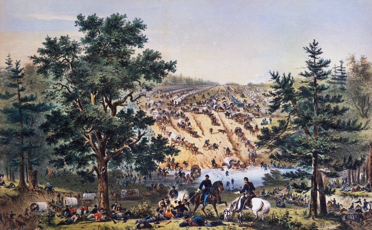 Retirada de George Brinton McClellan, vado de Bear Creek, Ejército del Potomac, julio de 1862, dibujo de John Badger Bachelder, grabado por Bufford, Guerra Civil Americana, EE.UU. de Unbekannt Unbekannt