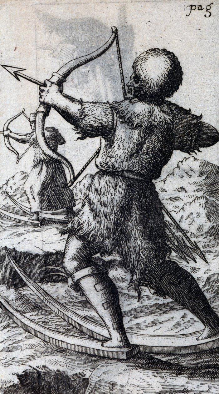 Cazador con arco y flechas en esquís cortos, ilustración de De Calceo Antiquo, por B Balduinus de Unbekannt Unbekannt