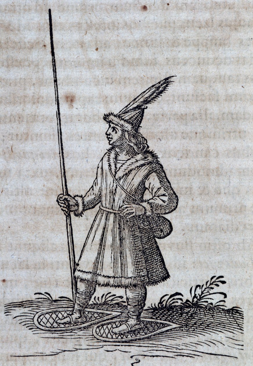 Habitante de Canadá (Francia Canadiense) con raquetas de nieve, ilustración de Descripción de la Nueva Francia de Unbekannt Unbekannt