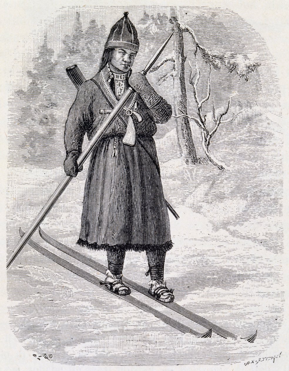Lars Tuorda, atleta lapón ganando la competencia de esquí de fondo organizada en 1884 por Adolf Erick Nordenskjold, dibujo a tinta china de Unbekannt Unbekannt
