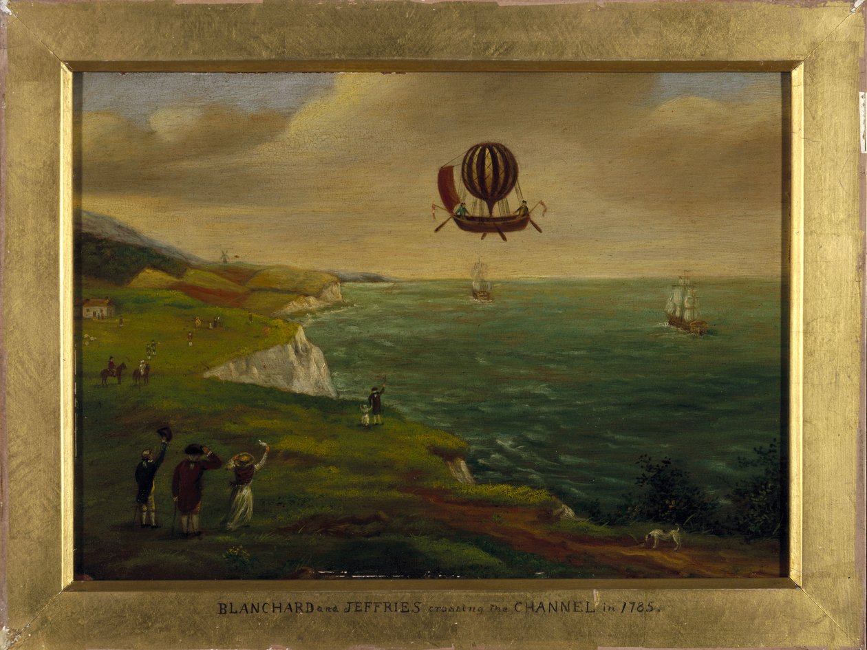 El inventor Jean Pierre Blanchard y el científico estadounidense John Jeffries cruzan el Canal de la Mancha en una máquina voladora el 7/01/1785 de Unbekannt Unbekannt