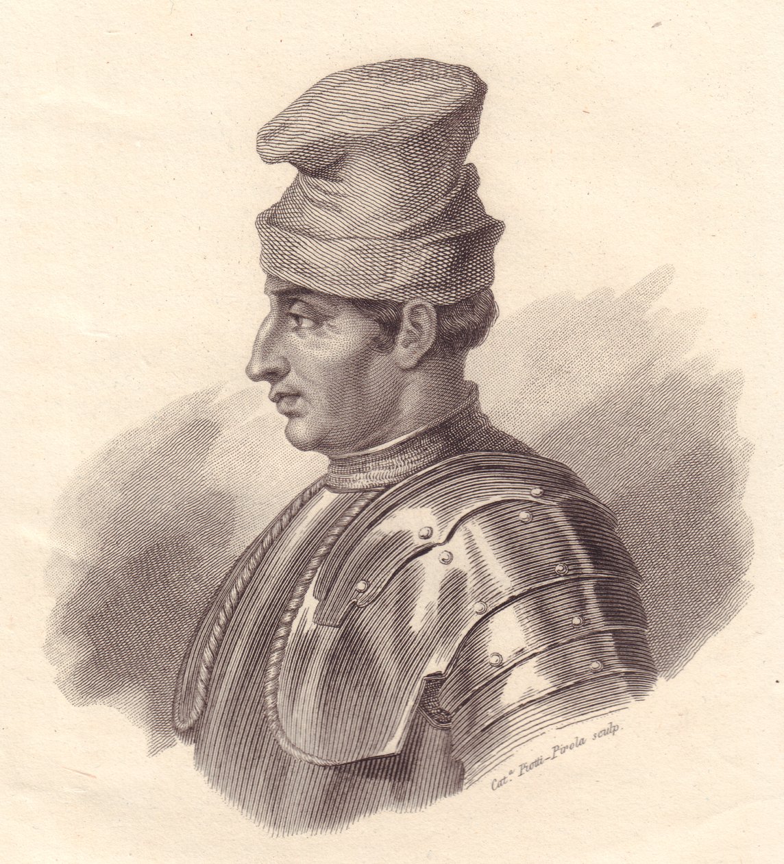 Retrato del líder militar italiano Niccolò Fortebraccio también conocido como della Stella, grabado en cobre por Caterina Piotti-Pirola de Unbekannt Unbekannt