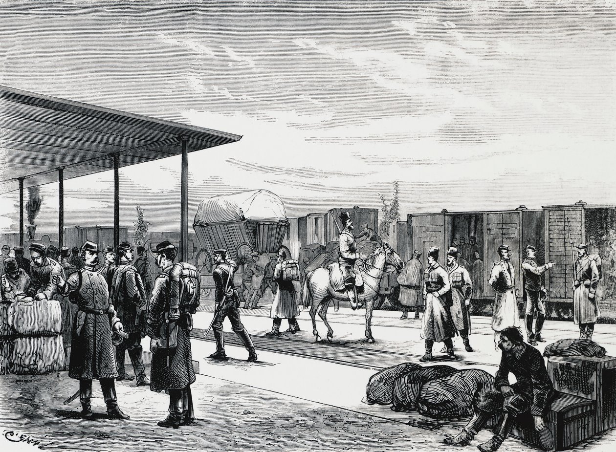 Convoy militar ruso en la estación de Bustiu, en el ferrocarril Bucarest-Galati, guerra ruso-turca, grabado, Rumanía de Unbekannt Unbekannt