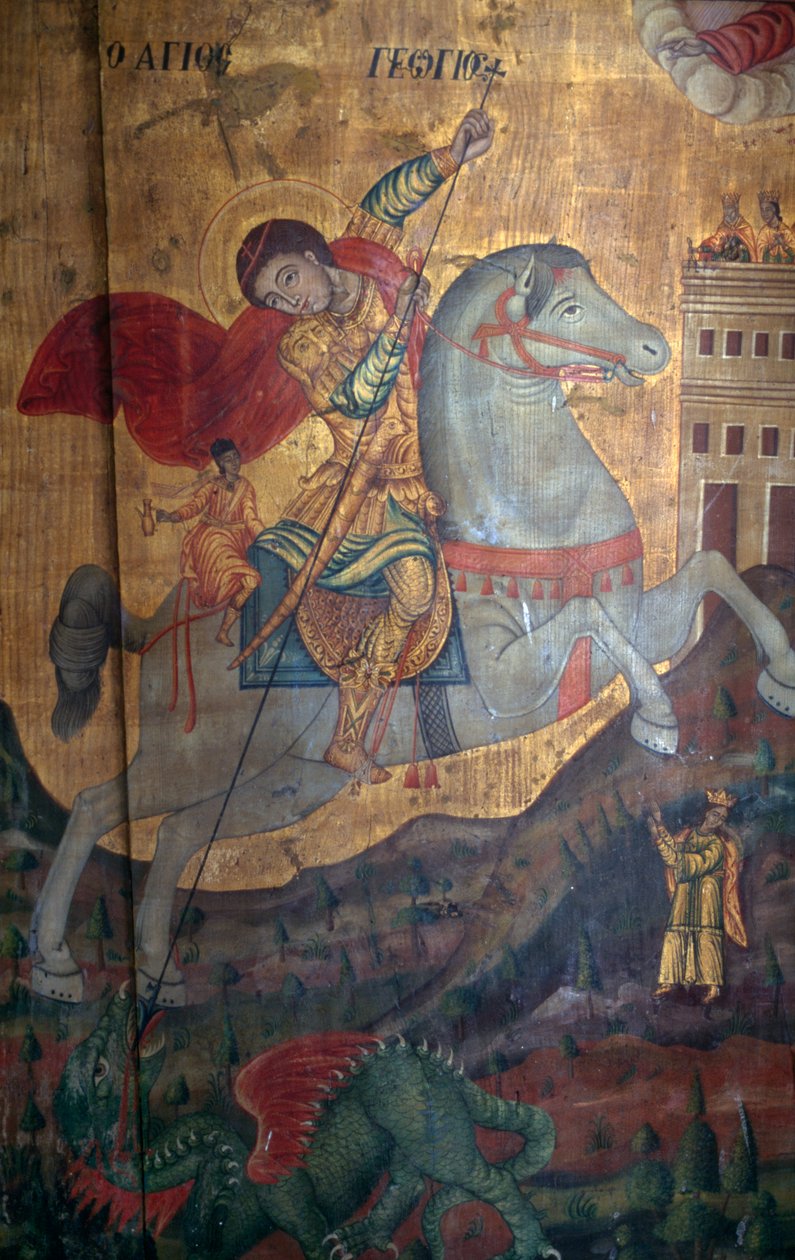 San Jorge y el Dragón, (detalle) de panel de madera en la iglesia de Agia Paraskevi, Anisaraki, Creta, Grecia de Unbekannt Unbekannt