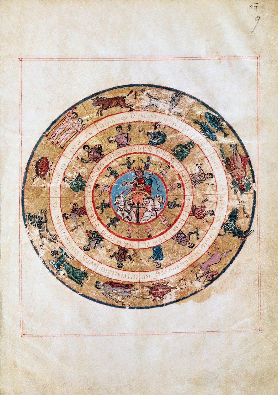 El carro del Sol y los signos del Zodiaco, miniatura de un manuscrito de la Alta Edad Media, tabla astronómica de Ptolomeo (ca 100-175), civilización helenística de Unbekannt Unbekannt