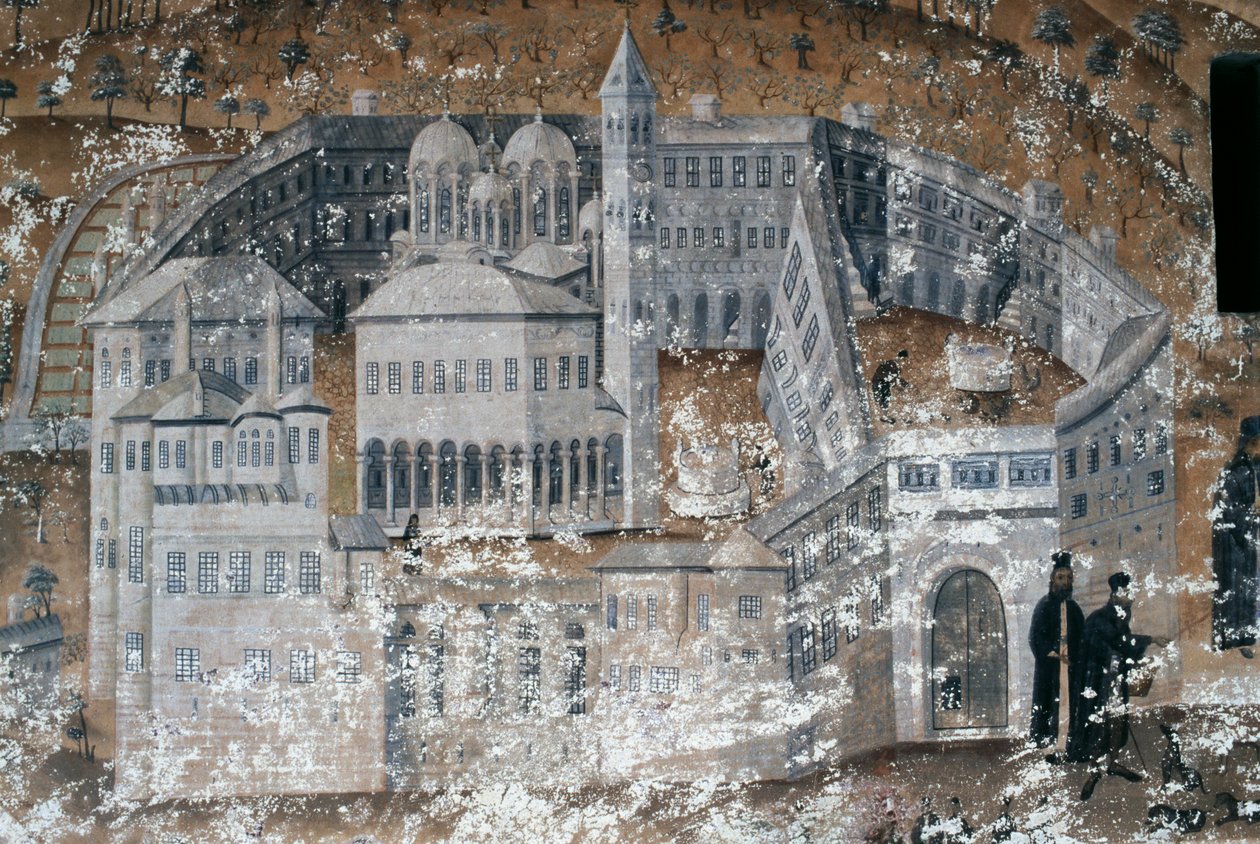 Vista del monasterio, fresco en el monasterio de Ikosifinissis, cerca de Serres, Grecia de Unbekannt Unbekannt