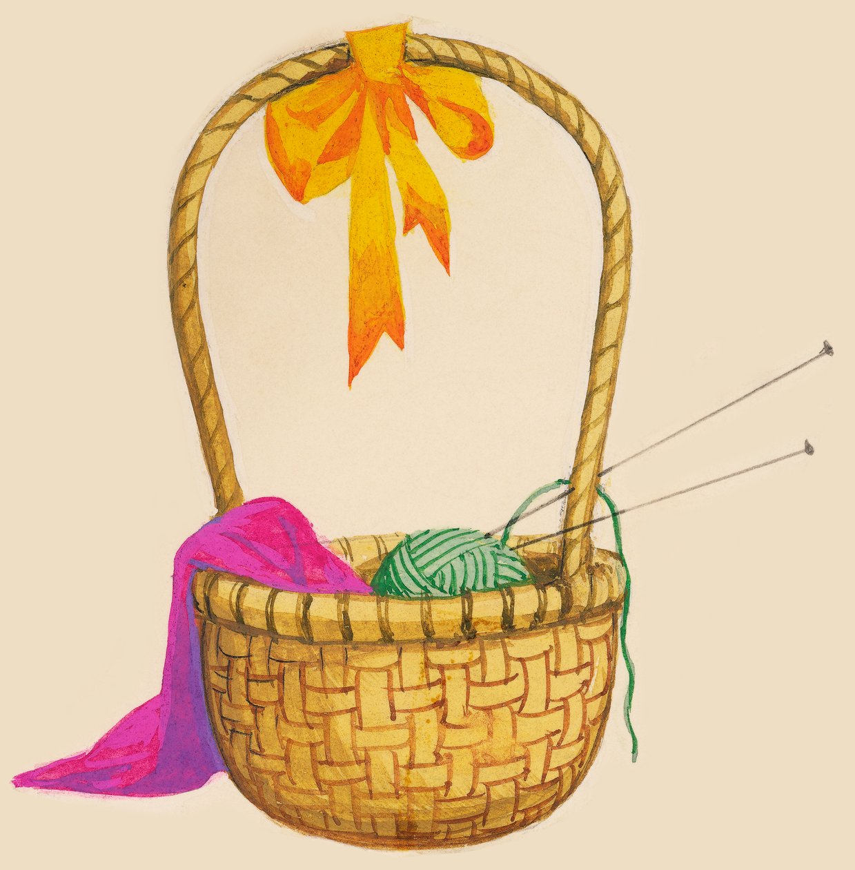 Cesta de mimbre con bola de lana, agujas y tejido, dibujo de Unbekannt Unbekannt