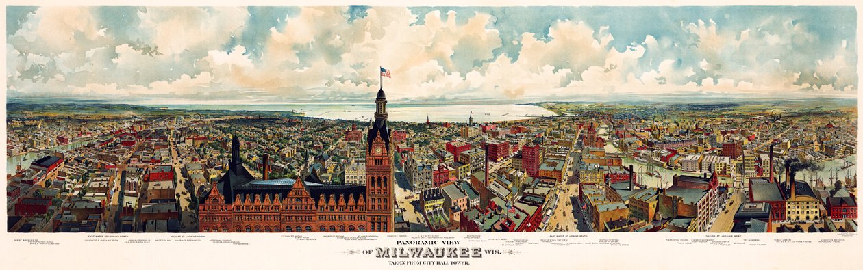 Vista panorámica de Milwaukee, Wis. Tomada desde la torre del Ayuntamiento / The Gugler Lithographic Co de Library of Congress
