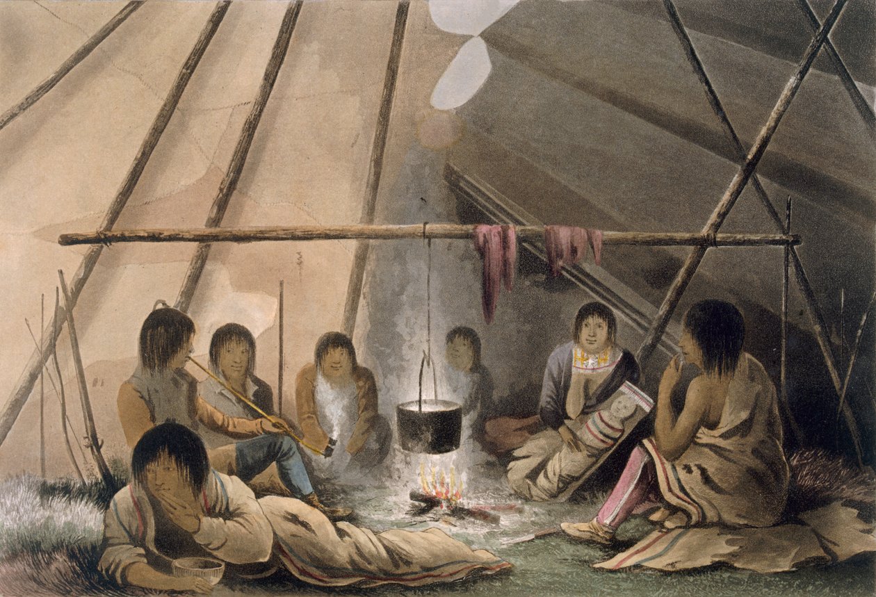 Interior de una tienda india Cree, 1824 de Lieutenant Hood
