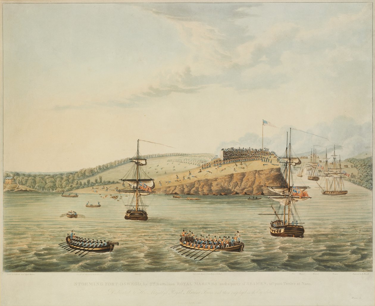 Ataque al Fuerte Oswego, Lago Ontario, N. América. 6 de Mayo de 1814, Mediodía, y Asalto al Fuerte Oswego por el Segundo Batallón de los Marines Reales y un Grupo de Marineros, 15 Minutos Pasadas las Doce del Mediodía, grabado por R. Havell de Lieutenant J. Hewitt