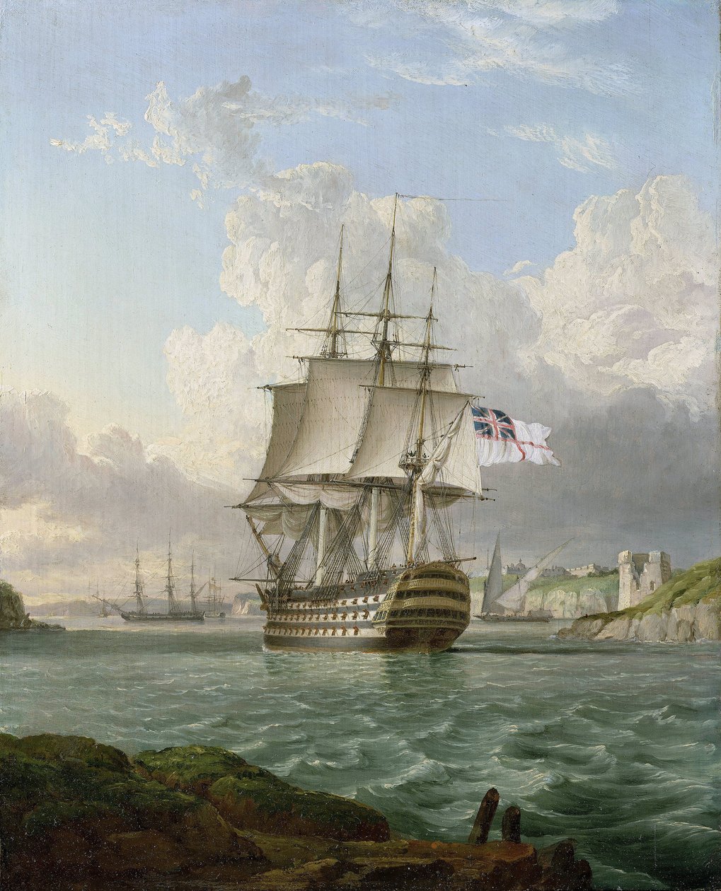 El HMS "Britannia", buque de 120 cañones, construido en 1820, sale de un puerto del Mediterráneo, probablemente el de Malta de Lieutenant Robert Strickland Thomas