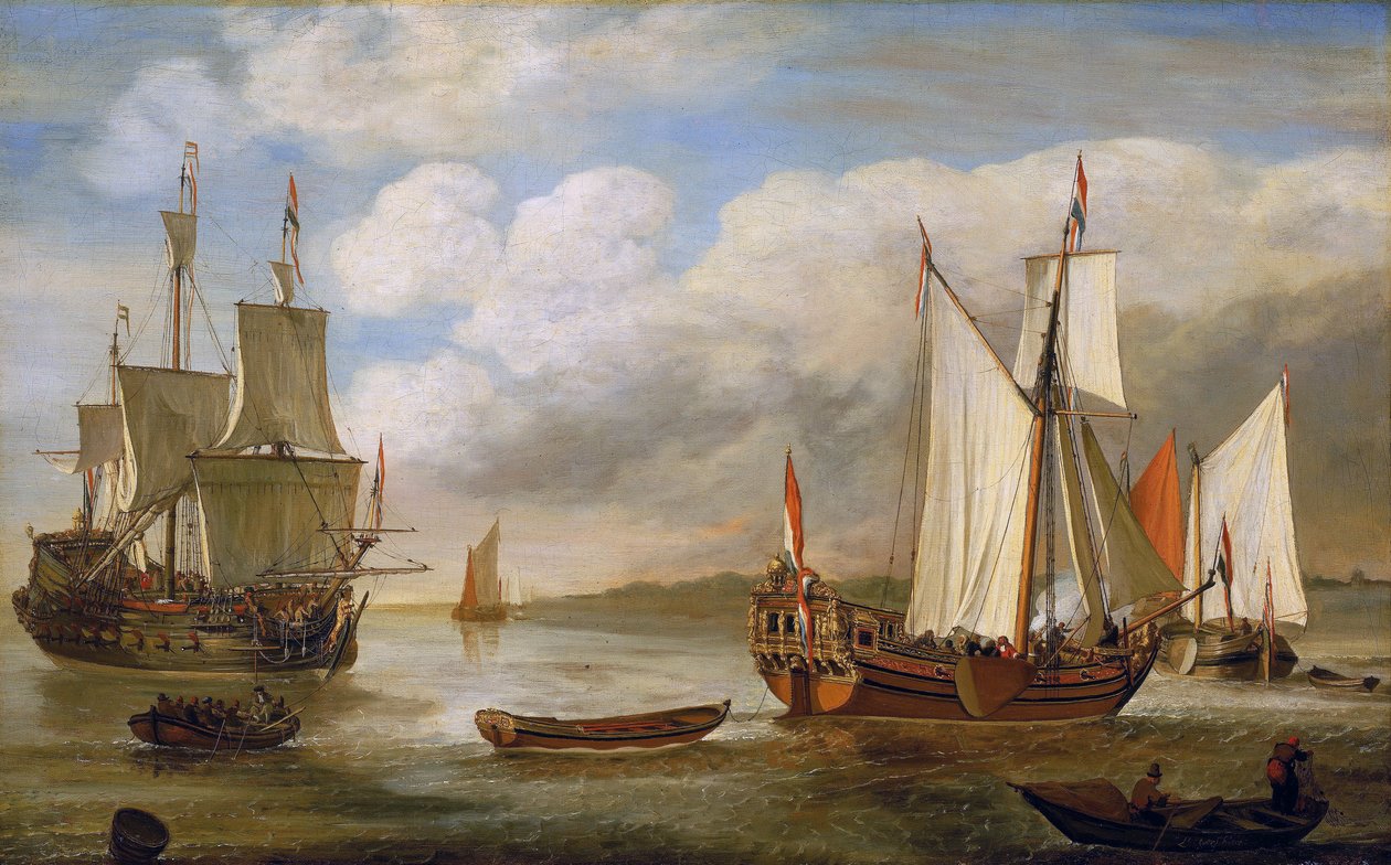 Variedad de embarcaciones holandesas: veleros, barcos y barcazas. Óleo sobre lienzo de Lieve Pietersz Verschuier (1630-1686). de Lieve Verschuier