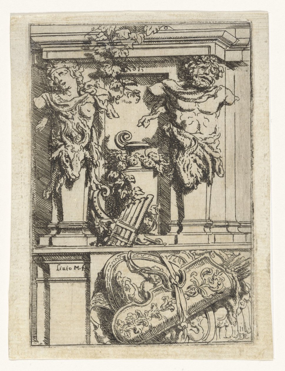 Dos cariátides, una flauta de pan, un arco y una flecha y un escudo Divertimenti di Livio Meus (título de la serie) de Lieven Mehus