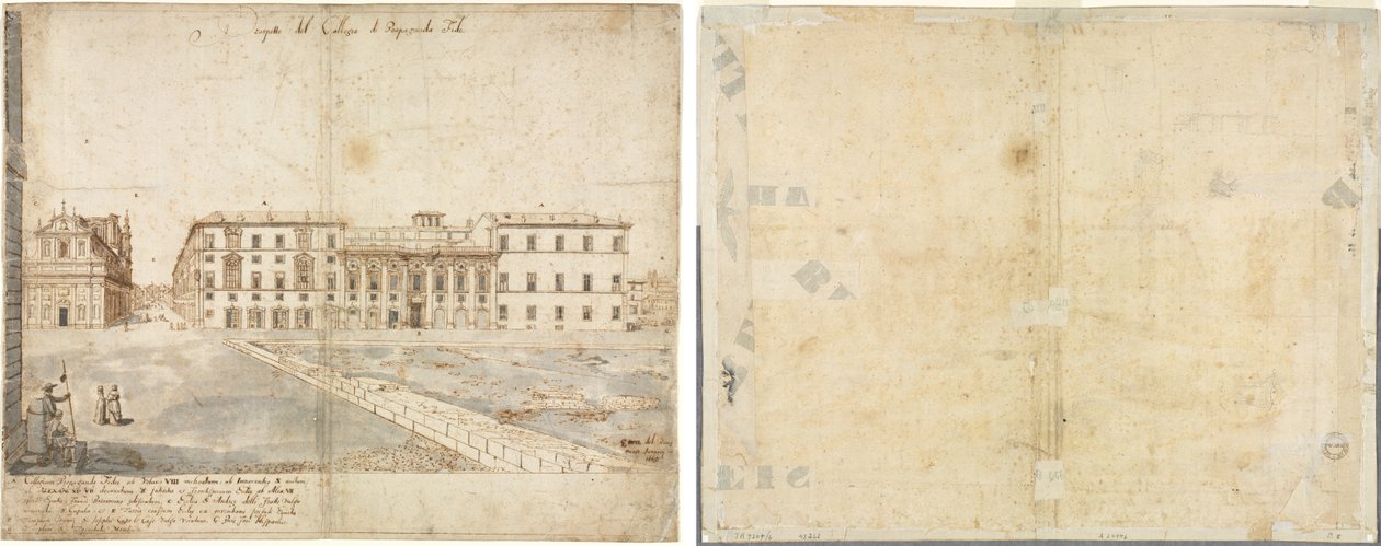 Dieciocho vistas de Roma: El Collegio di Propaganda Fide (recto); Bocetos de ventanas y pilastras del piso ático del Collegio di Propaganda Fide (verso) de Lievin Cruyl