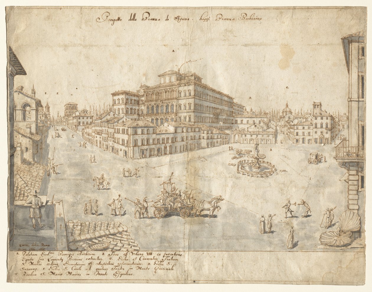 Dieciocho vistas de Roma: La Piazza Barberini (recto) de Lievin Cruyl
