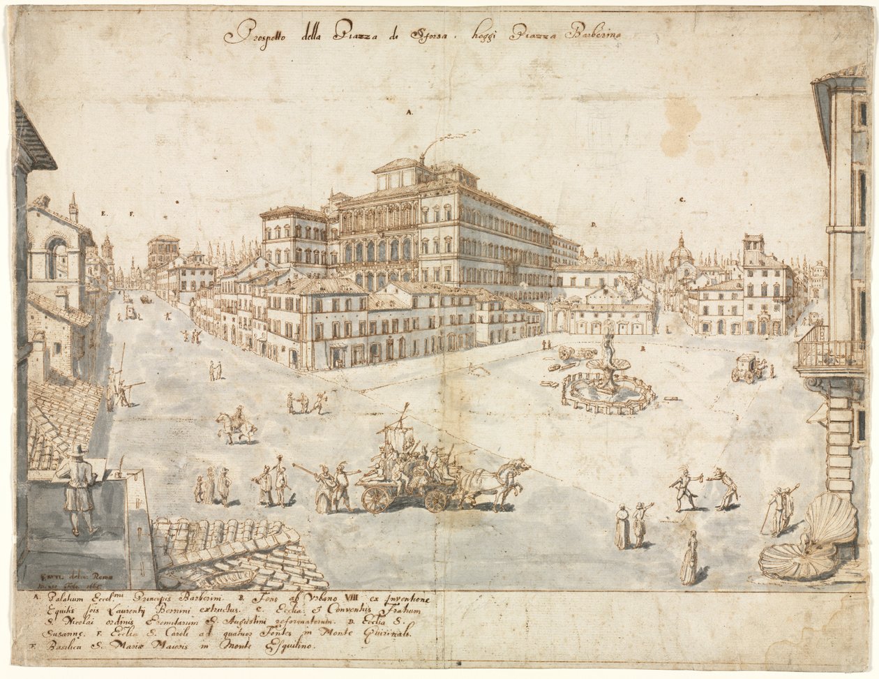 Dieciocho vistas de Roma: La Piazza Barberini, 1665 de Lievin Cruyl