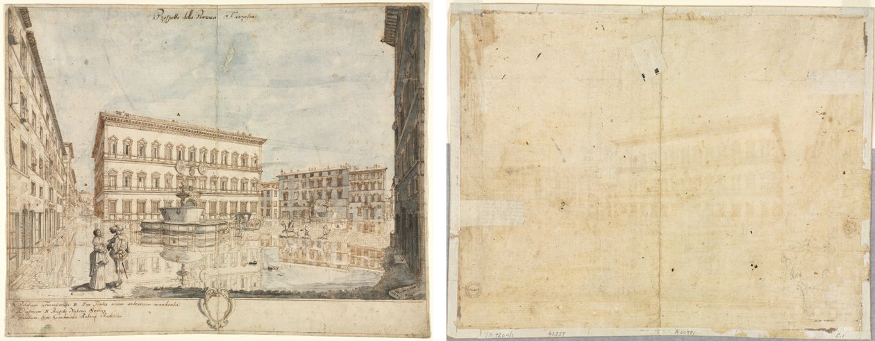 Dieciocho vistas de Roma: La Piazza Farnese (recto); Cartucho (verso) de Lievin Cruyl