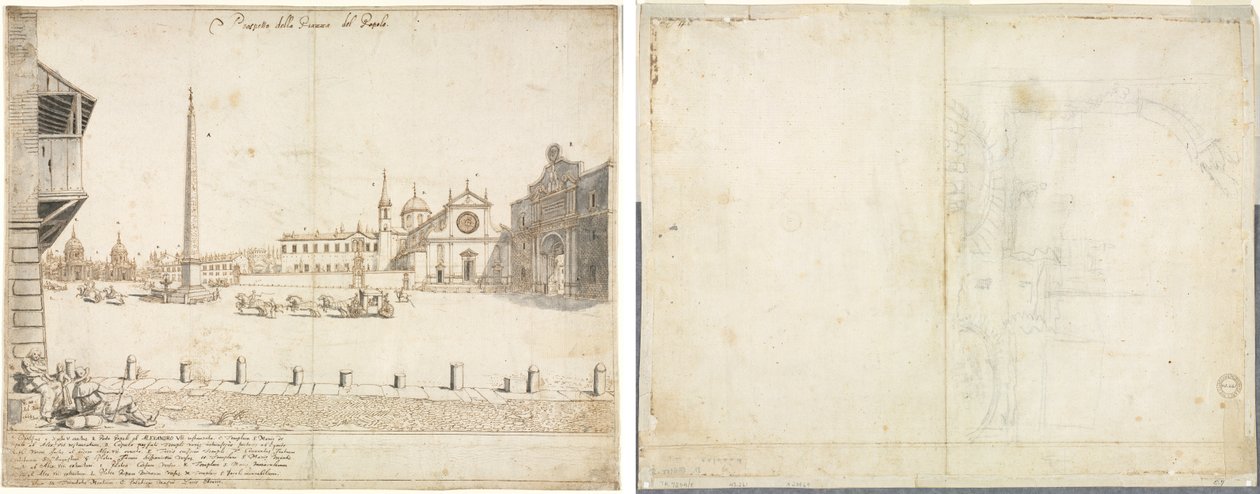 Dieciocho vistas de Roma: La Piazza del Popolo (recto); Boceto para San Giovanni in Laterano (verso) de Lievin Cruyl