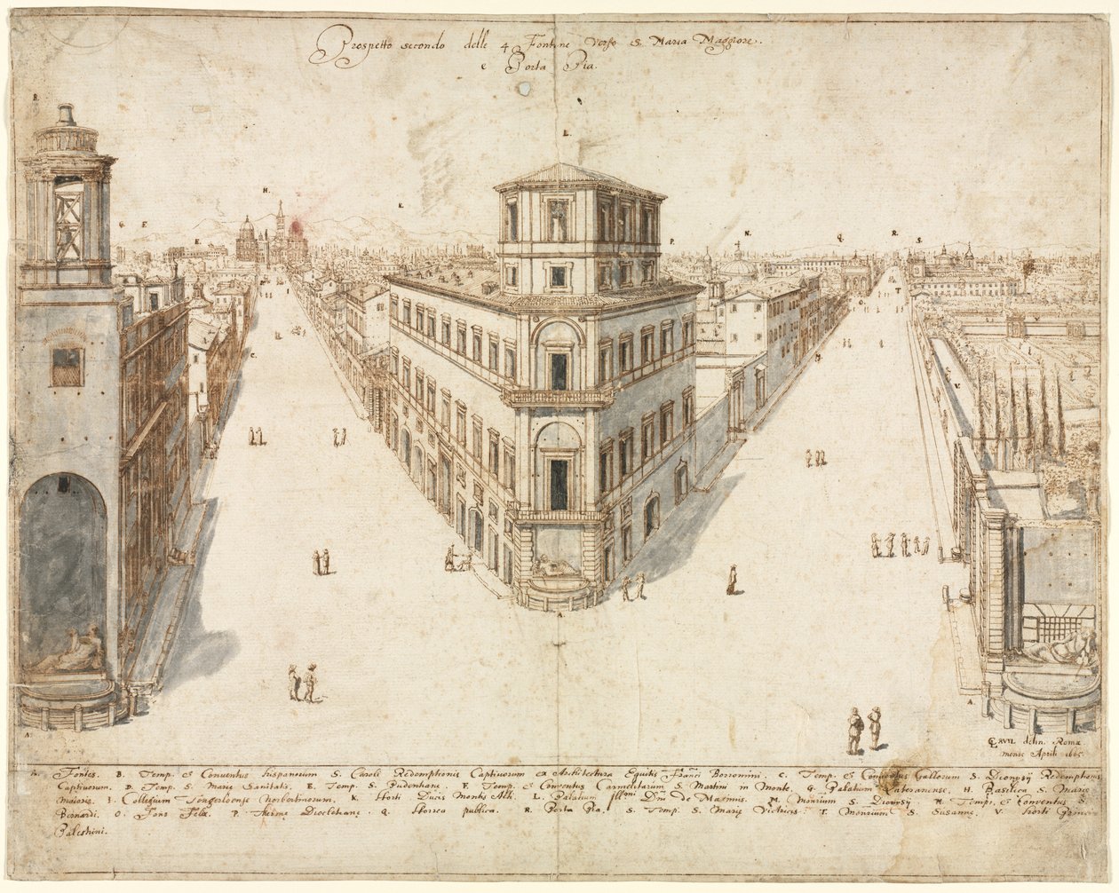 Dieciocho Vistas de Roma: Las Cuatro Fuentes Mirando Hacia Santa Maria Maggiore, 1665 de Lievin Cruyl