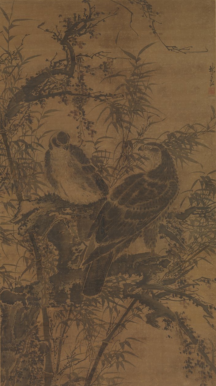 Dos halcones en un matorral, mediados del siglo XV de Lin Liang