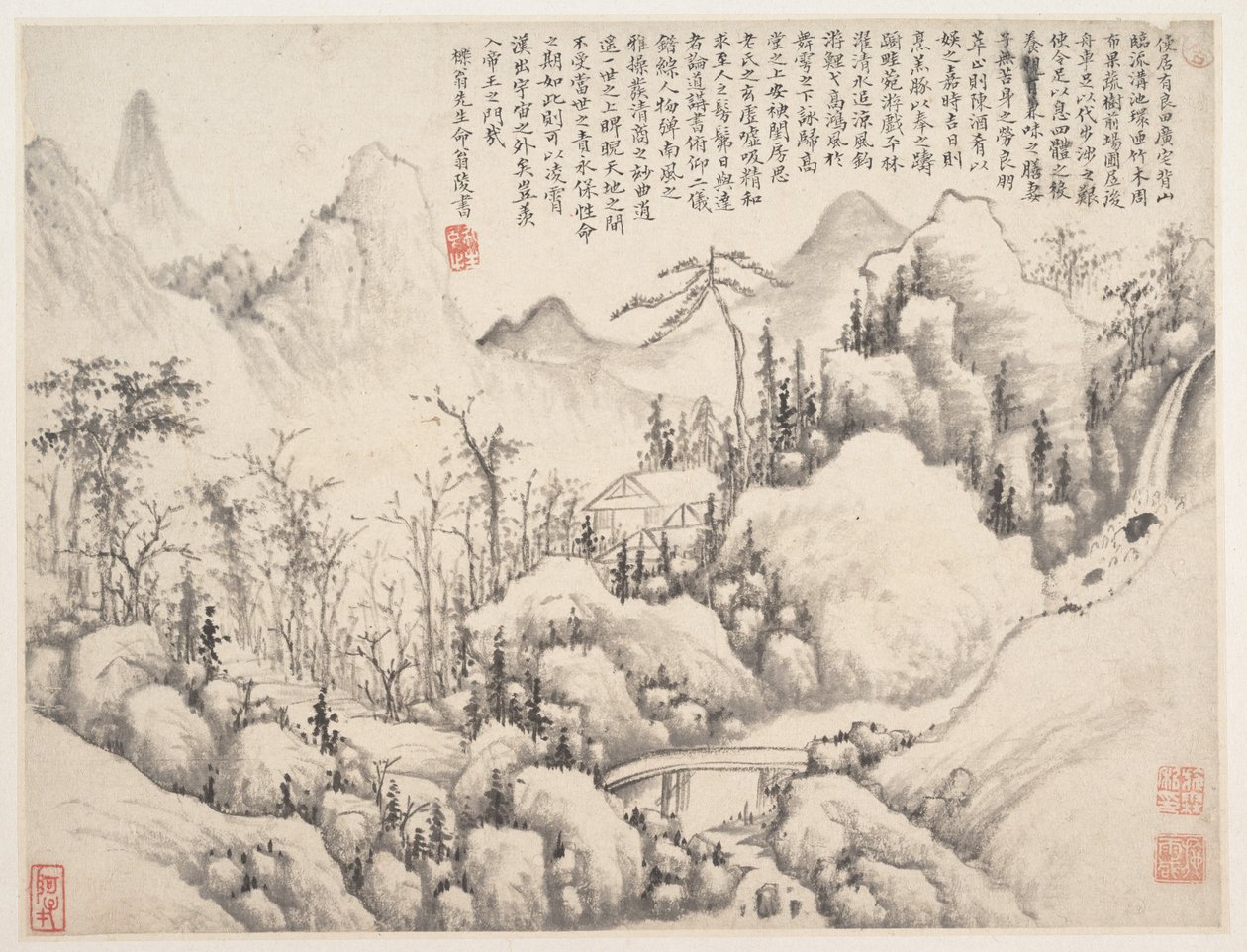 Retiro en la montaña, hoja del Álbum para Zhou Lianggong, fechable en 1654-55 (hoja de un álbum colectivo de muchas hojas; tinta y color sobre papel) de Lin Shi