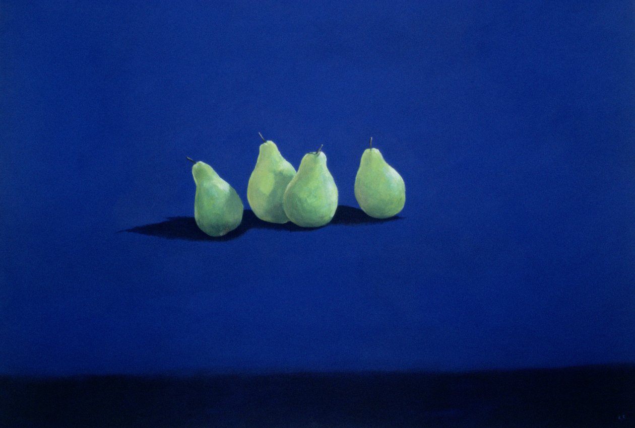 Peras sobre un paño azul de Lincoln Seligman