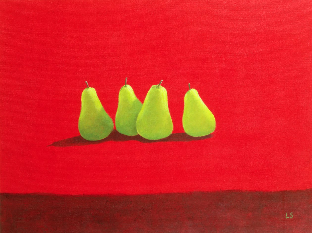 Peras sobre tela roja de Lincoln Seligman
