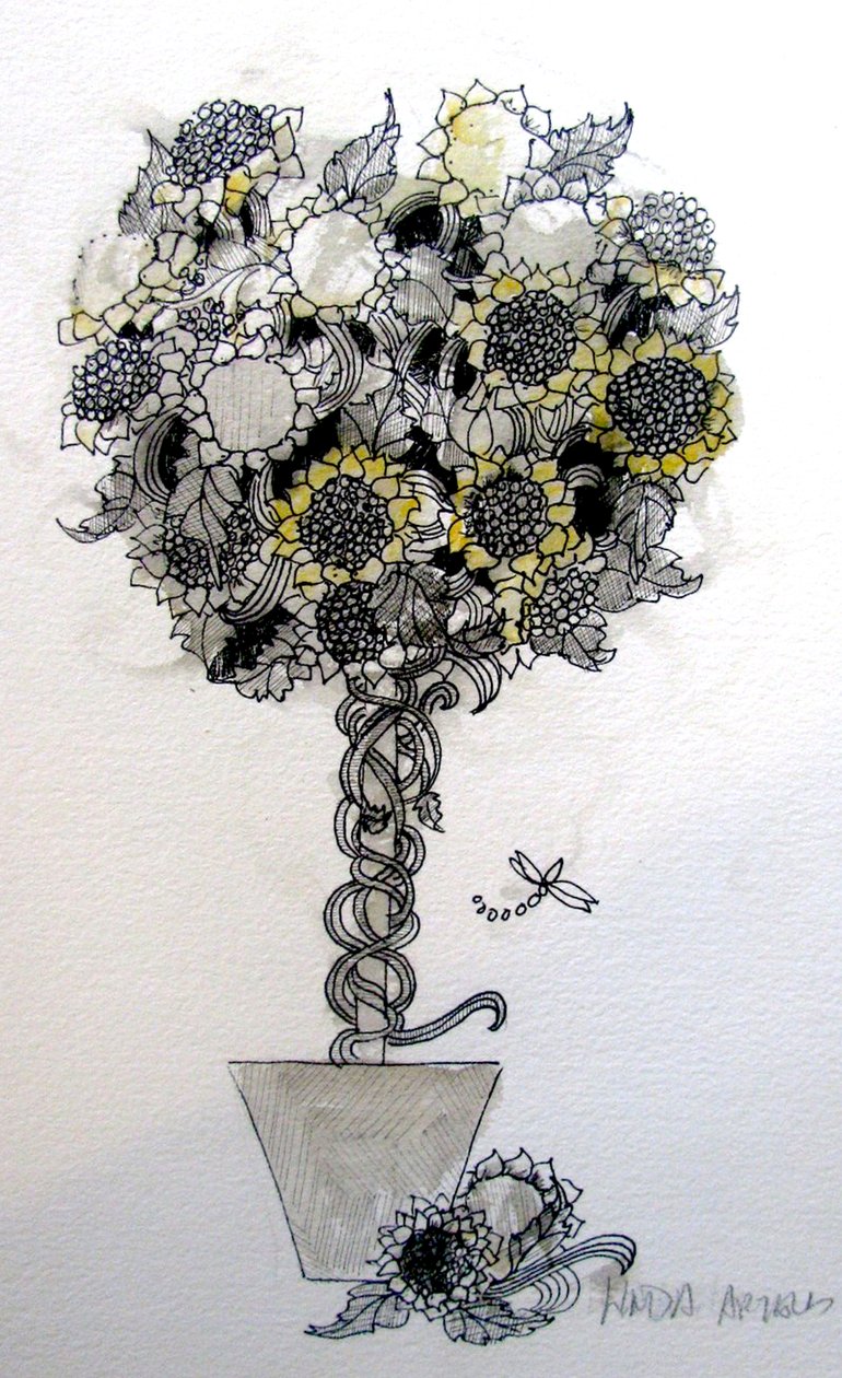 Arreglo de girasoles, 2015 (pluma y tinta) de linda arthurs