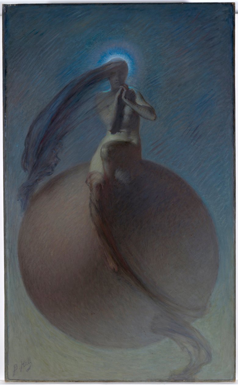 "La quete" (La búsqueda) Representación onírica, silueta femenina sobre un globo terráqueo - Pintura de Lindsay Bernard Hall (1859-1935) vers 1905 - Óleo sobre lienzo Dim 154x94,5 cm National Gallery of Australia, Canberra de Lindsay Bernard Hall