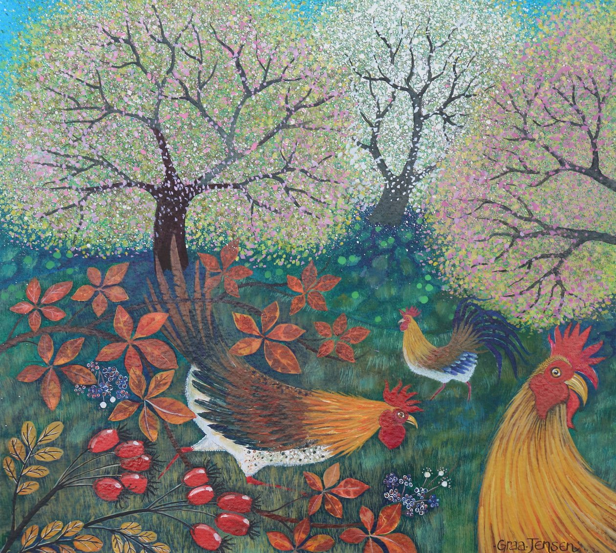 Gallinas de Pascua, 2024 (acrílicos sobre papel) de Lisa Graa Jensen