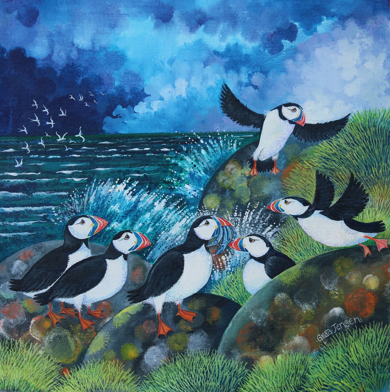 Loros del mar, 2024 (acrílicos sobre lino) de Lisa Graa Jensen