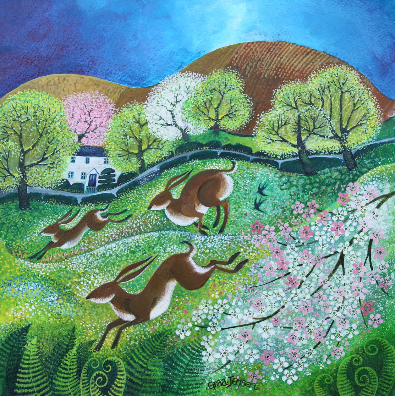 Liebres de primavera 2, 2025 (acrílicos sobre lienzo) de Lisa Graa Jensen