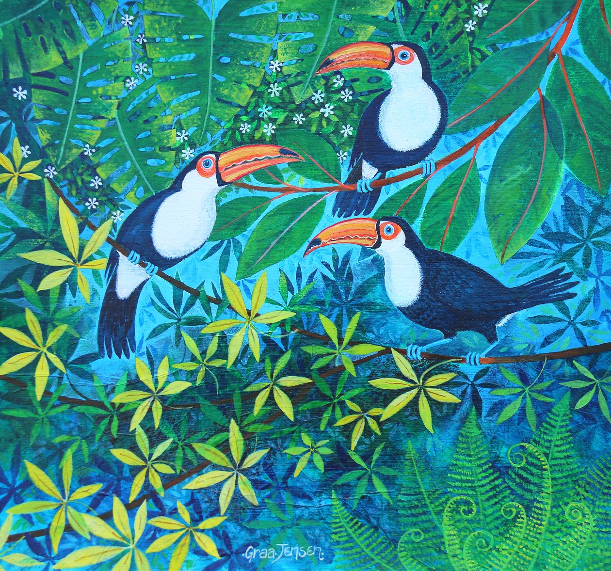 Trío de tucanes, 2024 (acrílicos sobre lino) de Lisa Graa Jensen