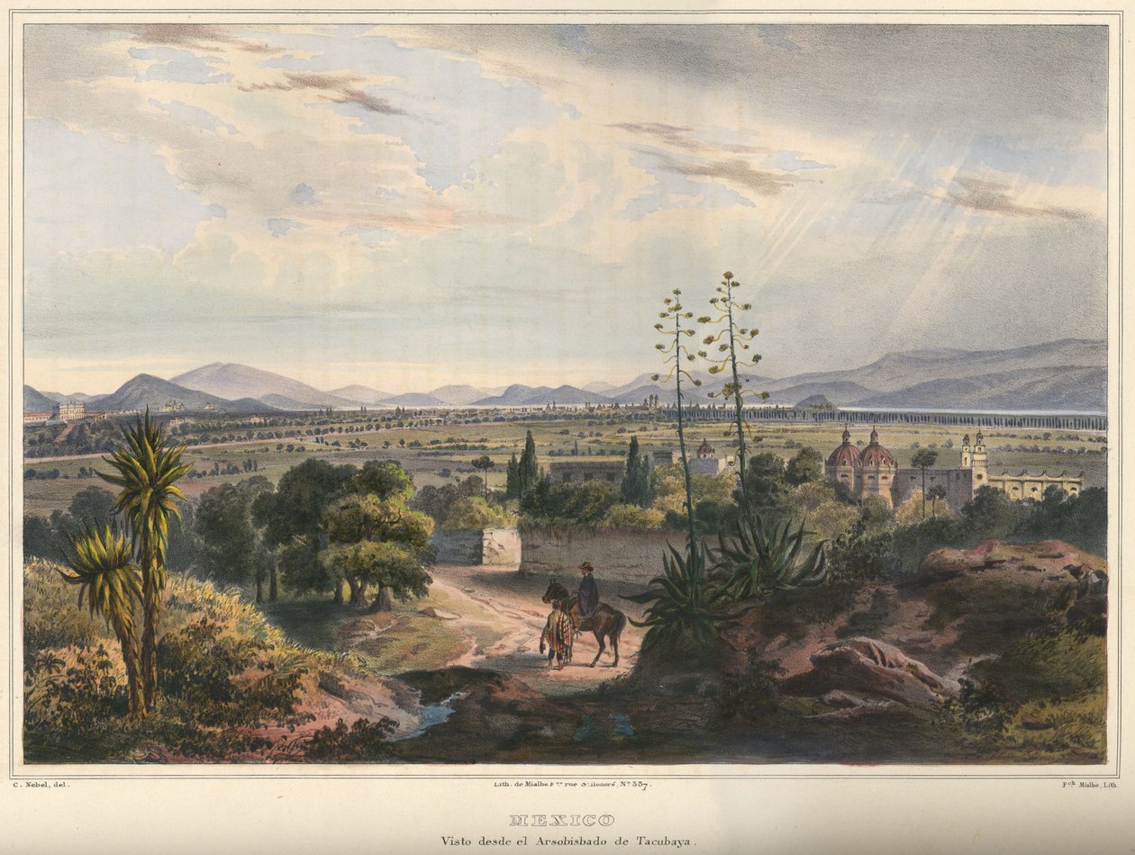 México, visto desde el Arzobispado de Tacubaya. Ciudad de México vista desde Tacubaya. Litografía coloreada a mano resaltada con goma arábiga. Tamaño original (líneas limpias) de Frederic Mialhe