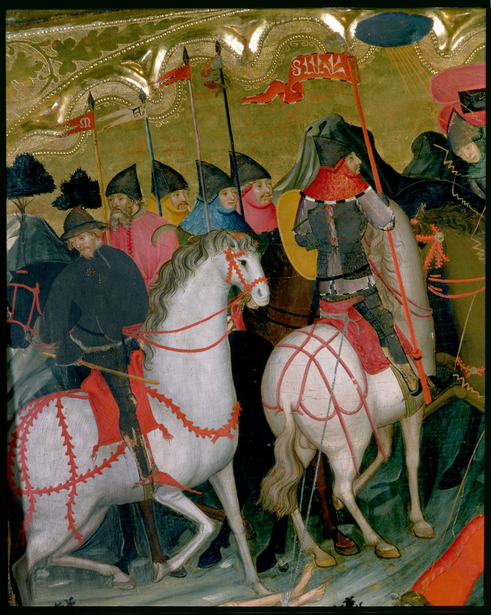 Soldados montados, detalle del retablo de la Virgen y San Jorge, c.1390-1400 (temple sobre tabla) de Lluís Borrassà