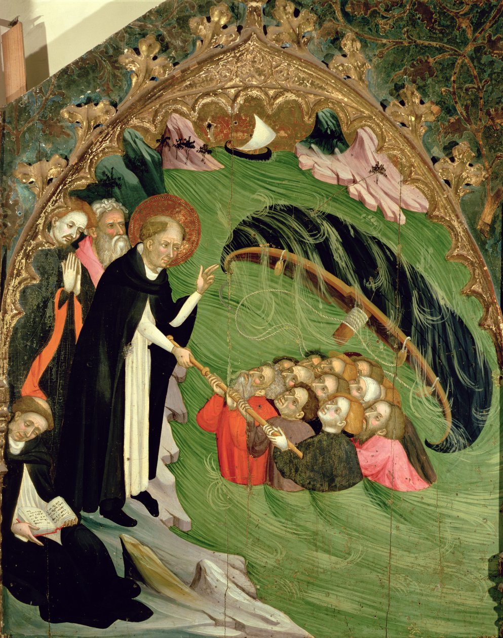 San Domingo rescatando a pescadores náufragos de ahogarse, detalle del Retablo de Santa Clara, 1415 de Lluís Borrassà