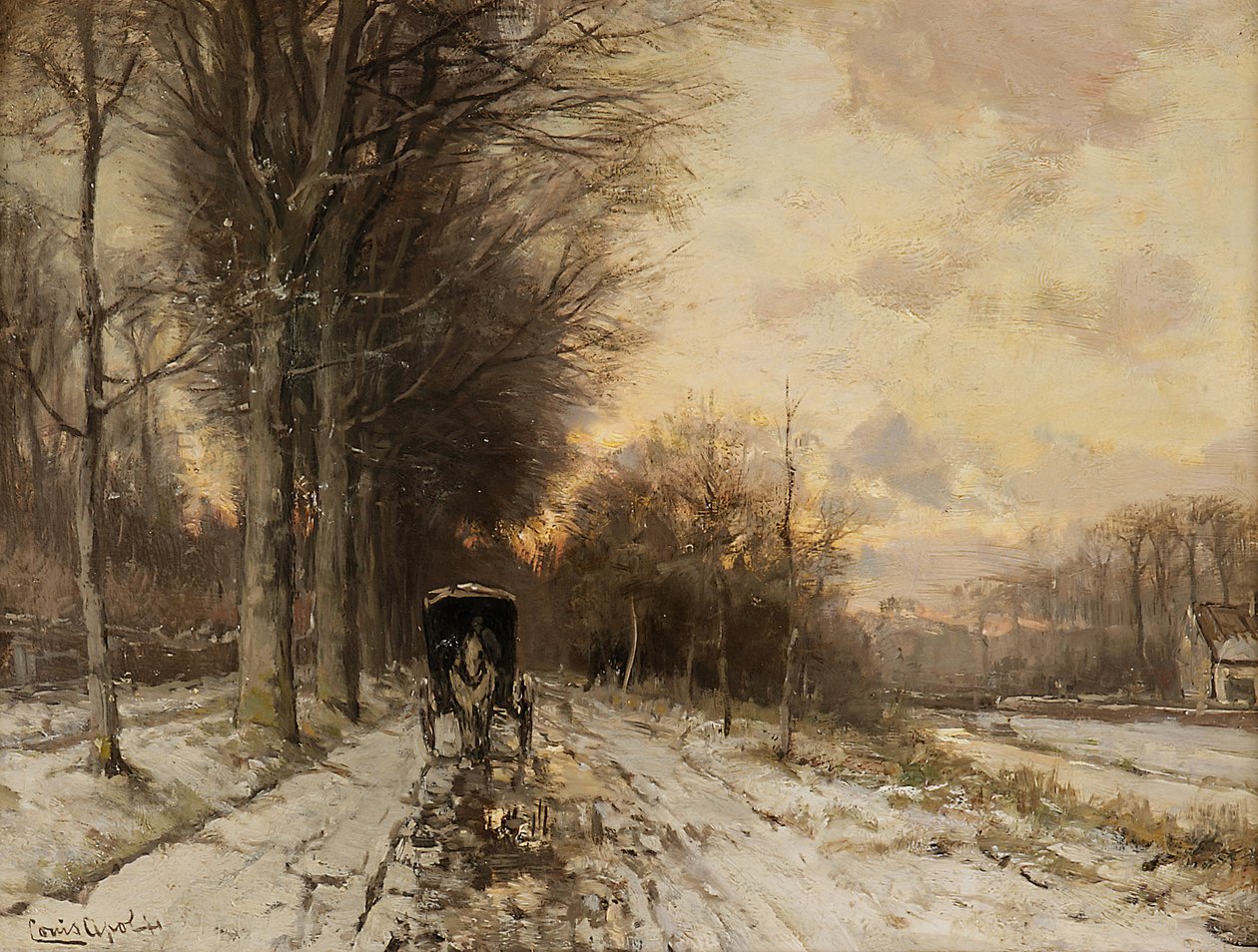 Un carro tirado por caballos en un camino nevado (óleo sobre tabla) de Lodewijk Frederik Hendrik (1850-1936) Apol