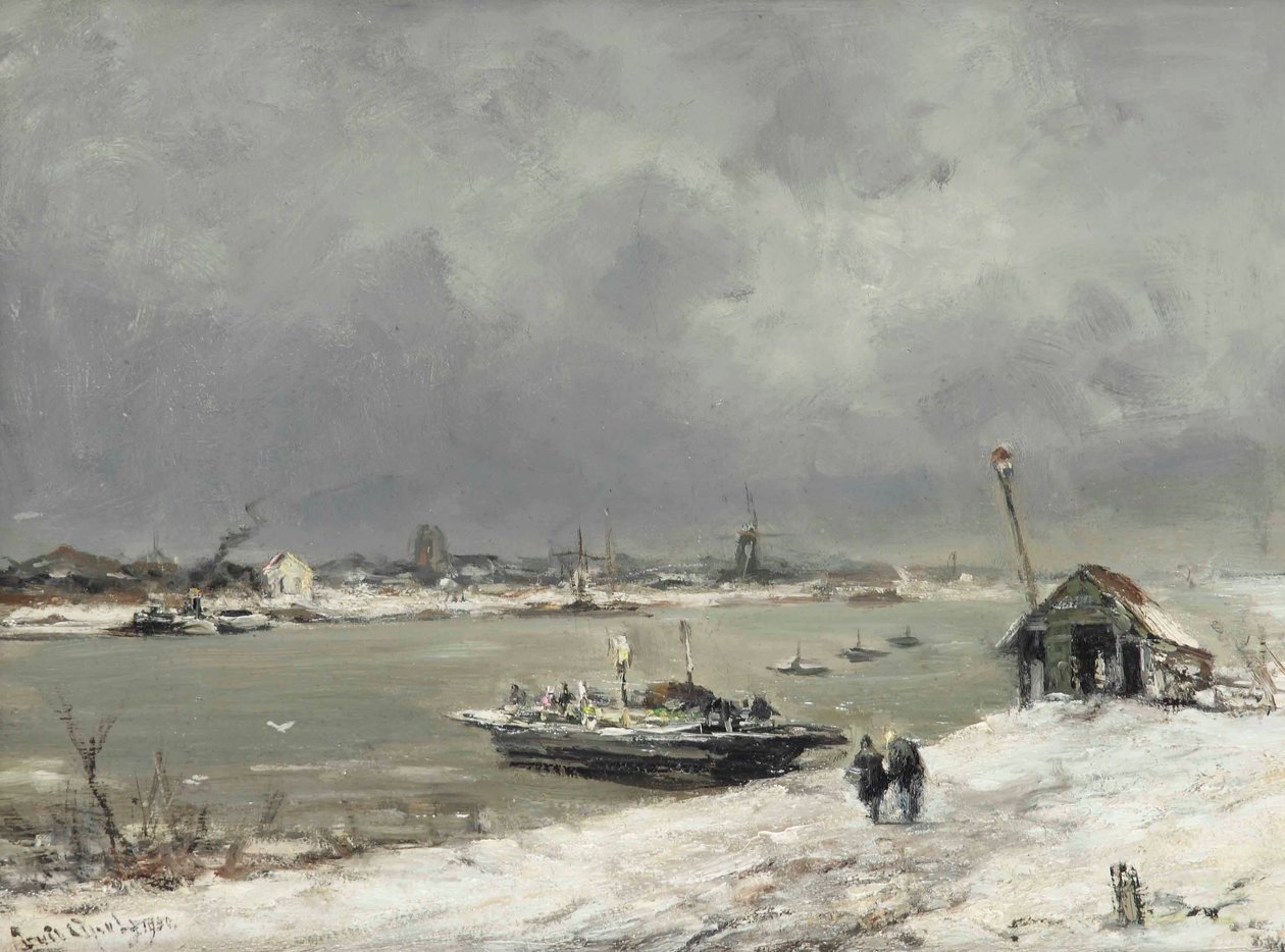 Un cruce de ferry cerca de Wijk bij Duurstede en invierno de Lodewijk Frederik Hendrik Apol